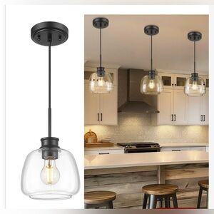 NWT Kudos Black Farmhouse Pendant Lights,7 Inch, Clear Globe Glass Shade